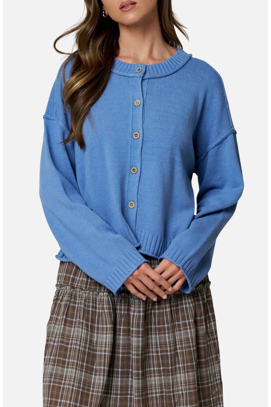 NEW BLU PEPPER raw edge exposed seam button down knit cardigan in dusty blue